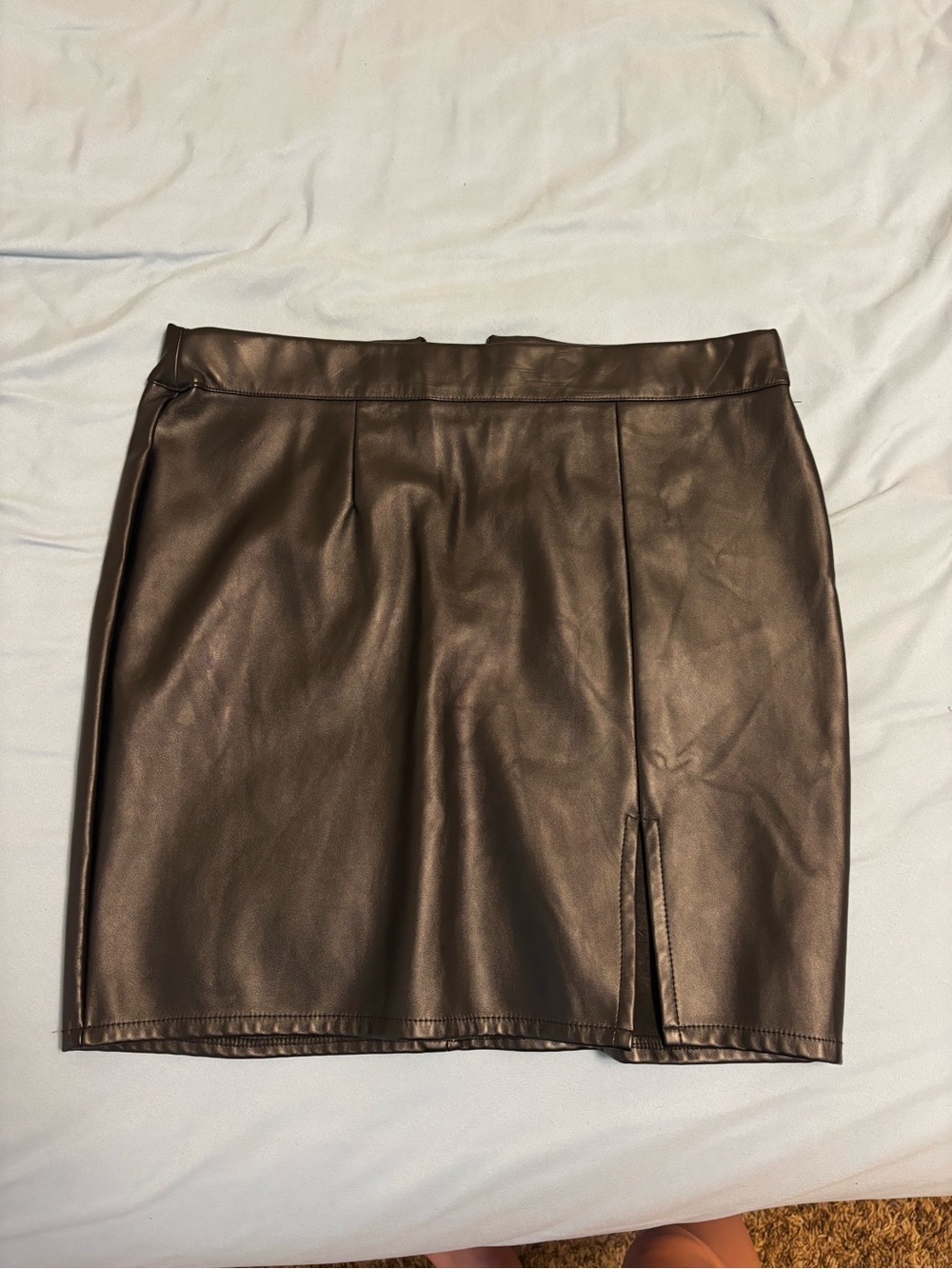 Faux Leather Mini Skirt in Black with Front Slit